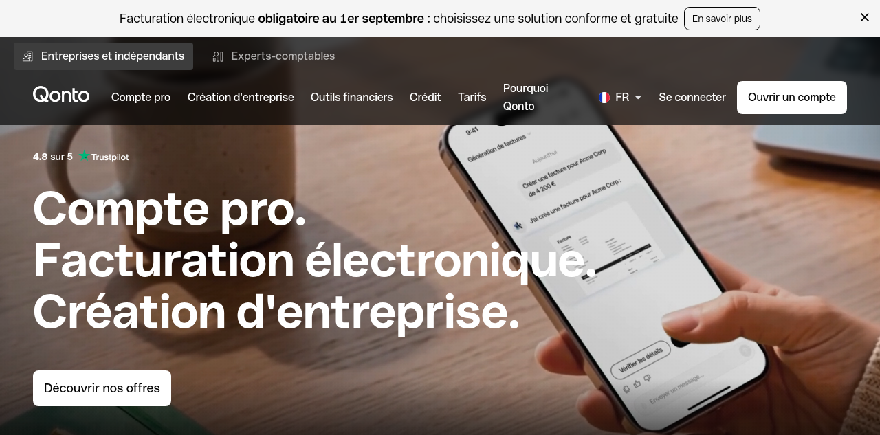 Homepage of Qonto
